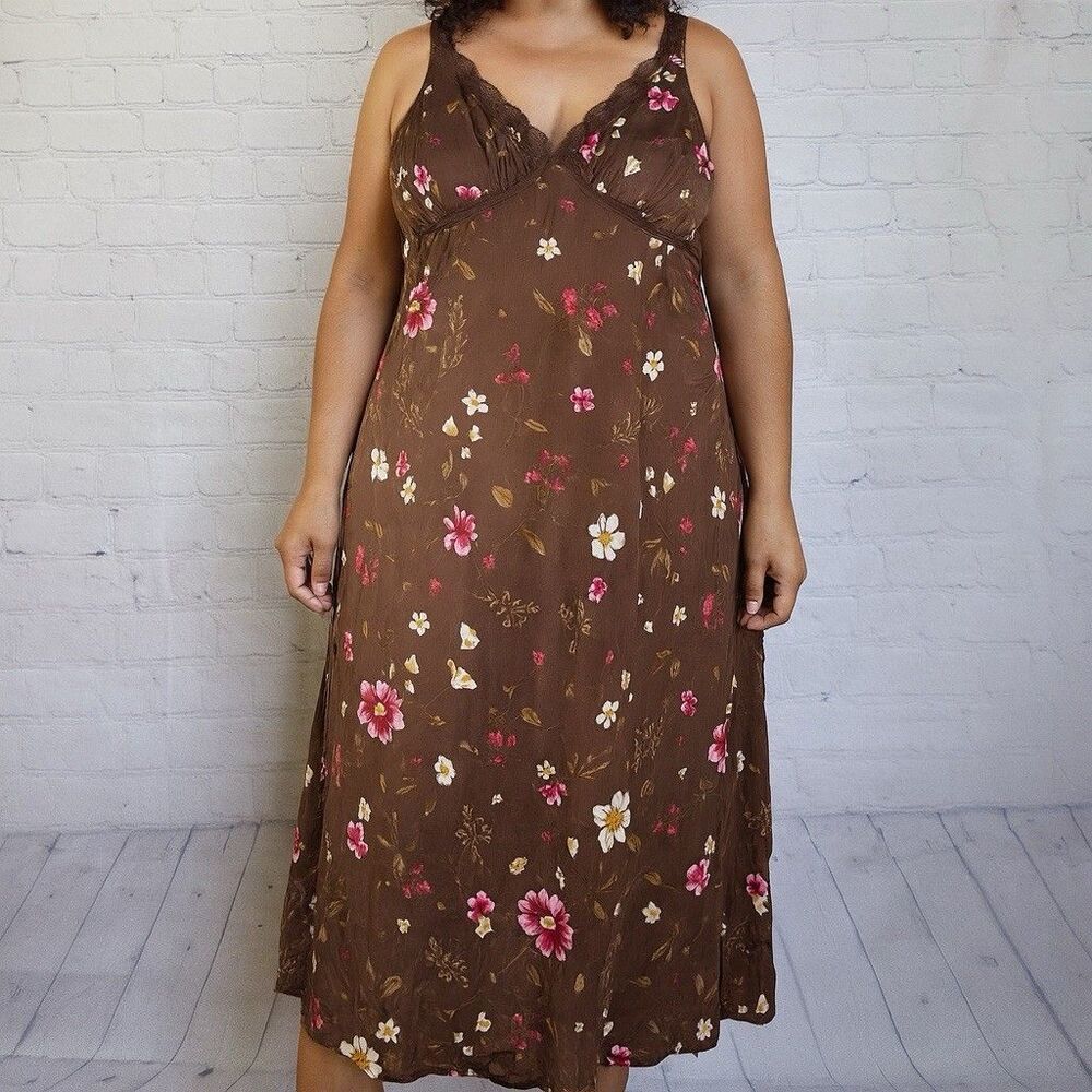 Old Navy Babydoll Midi Dress Large Brown Floral Cottagecore Y2K Forest Fairy